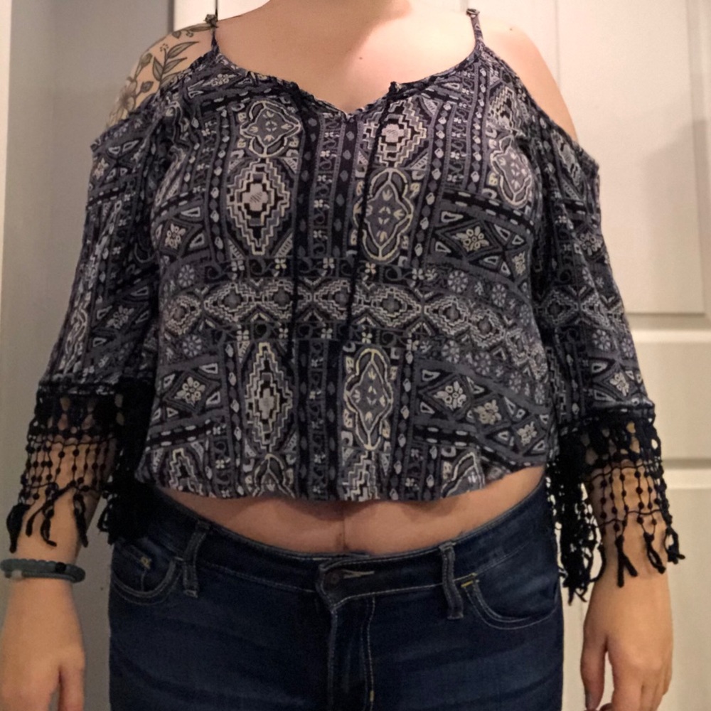 Blue Cold Shoulder Blouse with Fringe